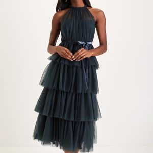 Lulus medium wondrous glamor teal tulle tiered halter dress size medium